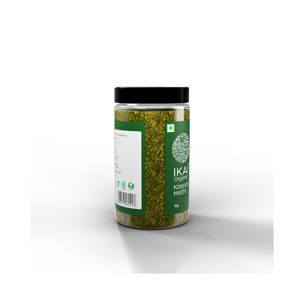 Jar of IKAI Organic Kasoori Methi on a white background barcode with different angle