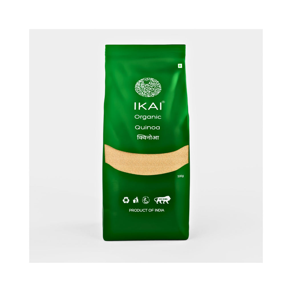 Green package of IKAI Organic Quinoa on a white background