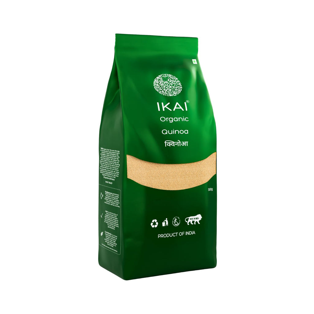 Green package of IKAI Organic Quinoa on a white background