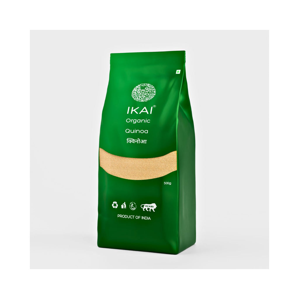 Green bag of IKAI Organic Quinoa on a white background