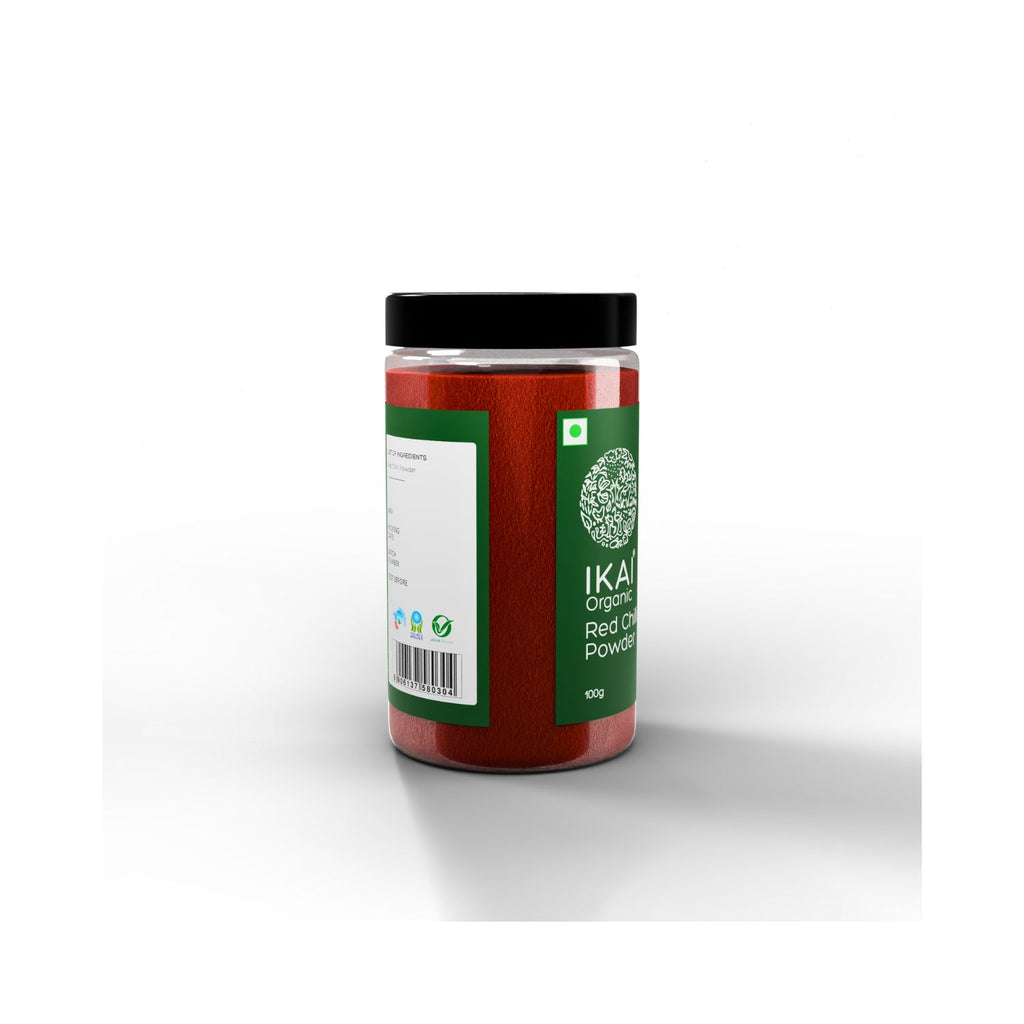 Jar of IKAT Organic Red Chilli Powder on a white background