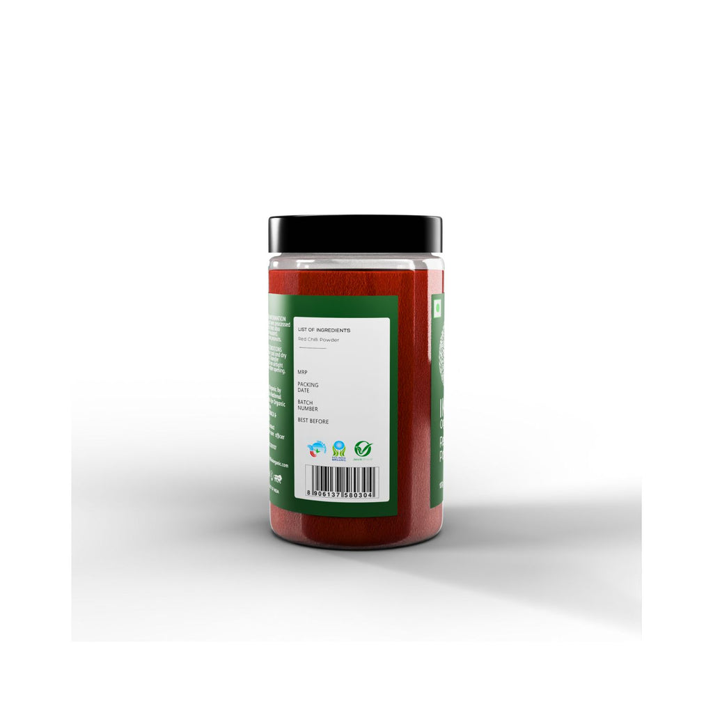 Jar of Ikai red chilli powder with a green label with MRP on a white background