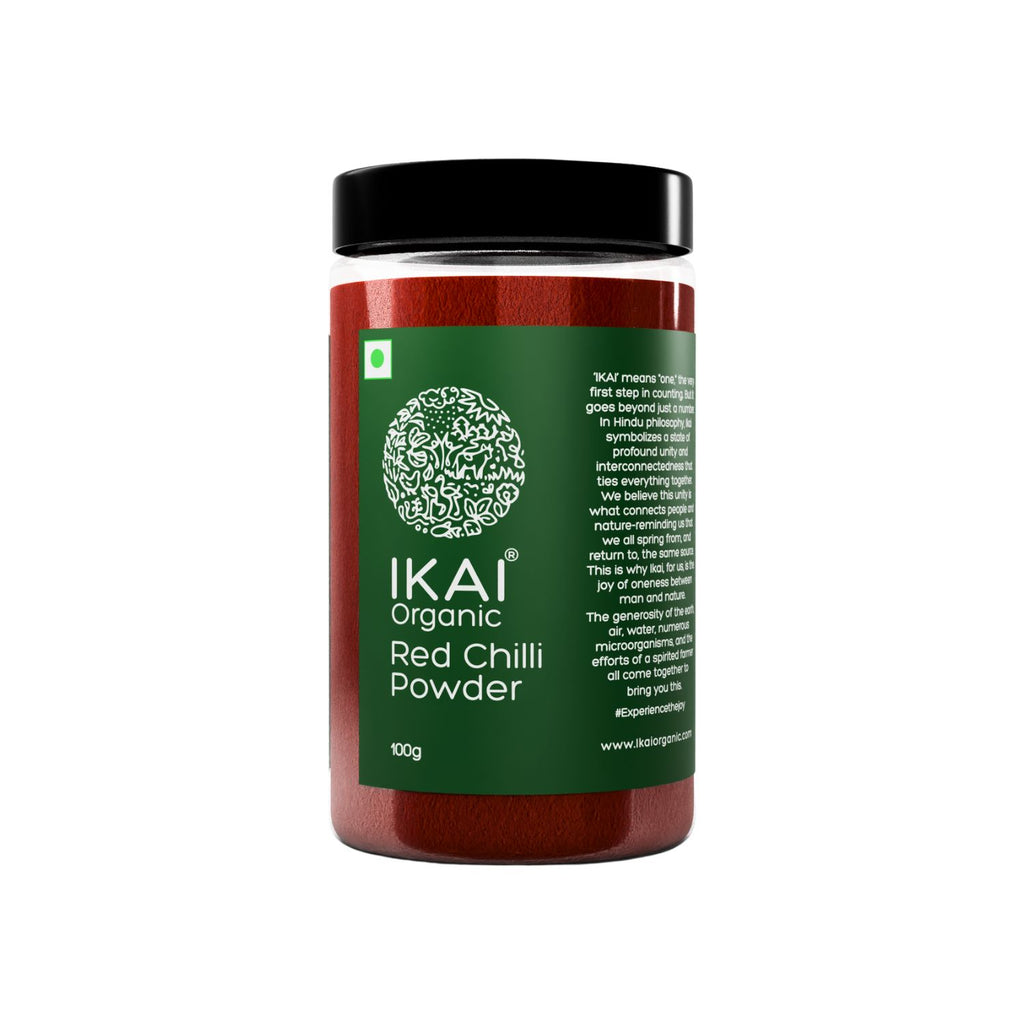 Jar of IKAI Organic Red Chilli Powder on a white background