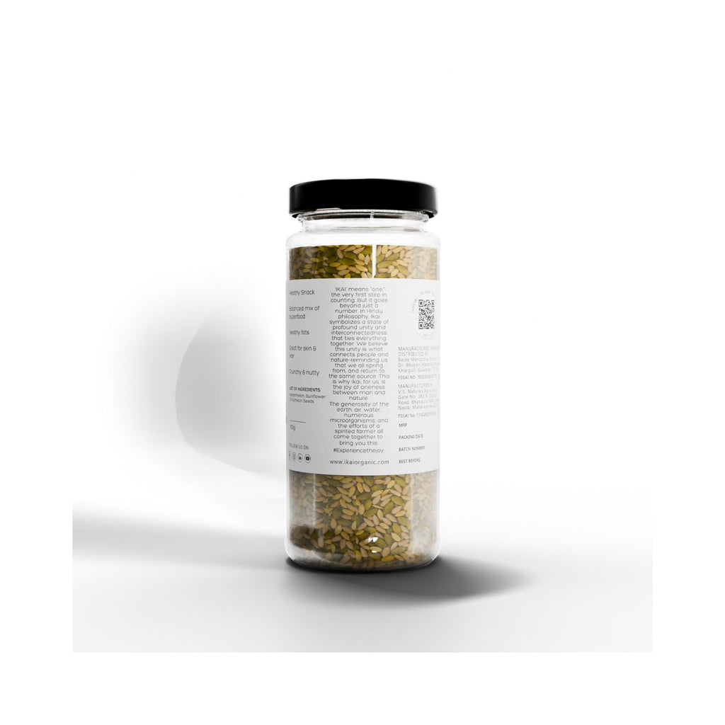 Jar of IKAI Organic Roasted Seed Mix with a label on a white background with text about IKAI meaning