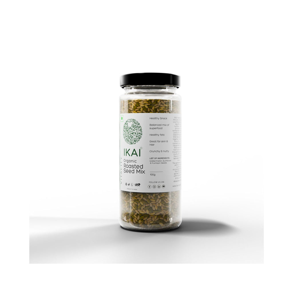 Jar of IKAI organic roasted seed mix on a white background with text about usage