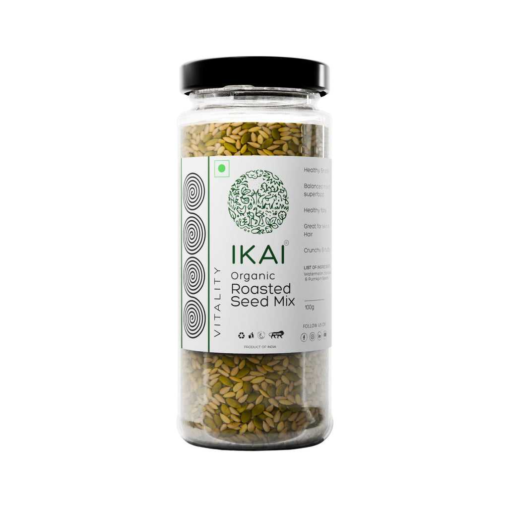 Jar of IKAI Organic Roasted Seed Mix on a white background