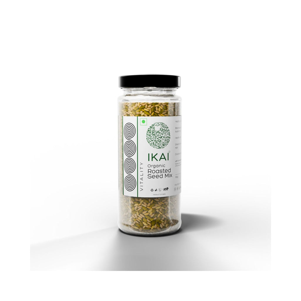 Jar of IKAI organic roasted seed mix on a white background smaller image