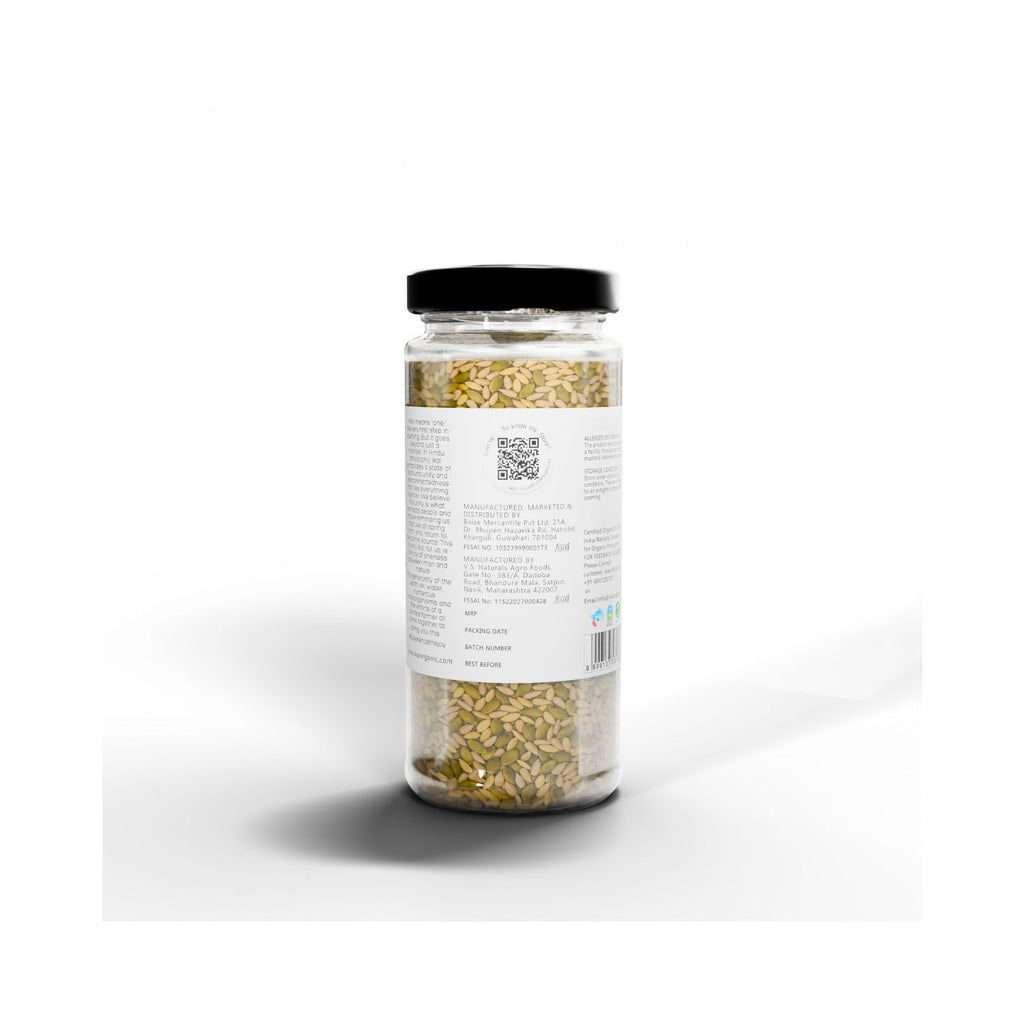 Jar of IKAI Organic Roasted Seed Mix with a label on a white background with text about manufacturing info