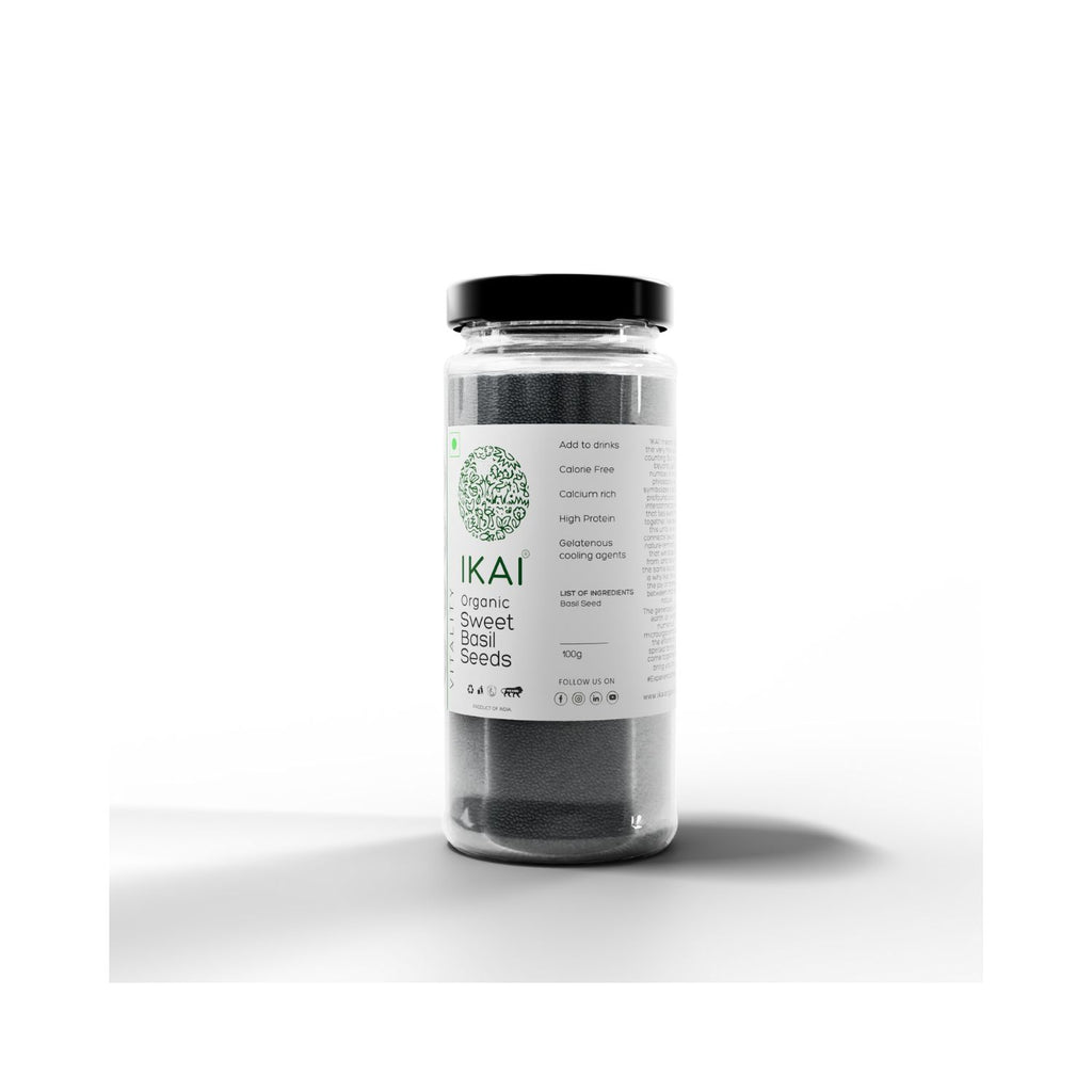 Jar of IKAI Organic Sweet Basil Seeds on a white background showing benefits