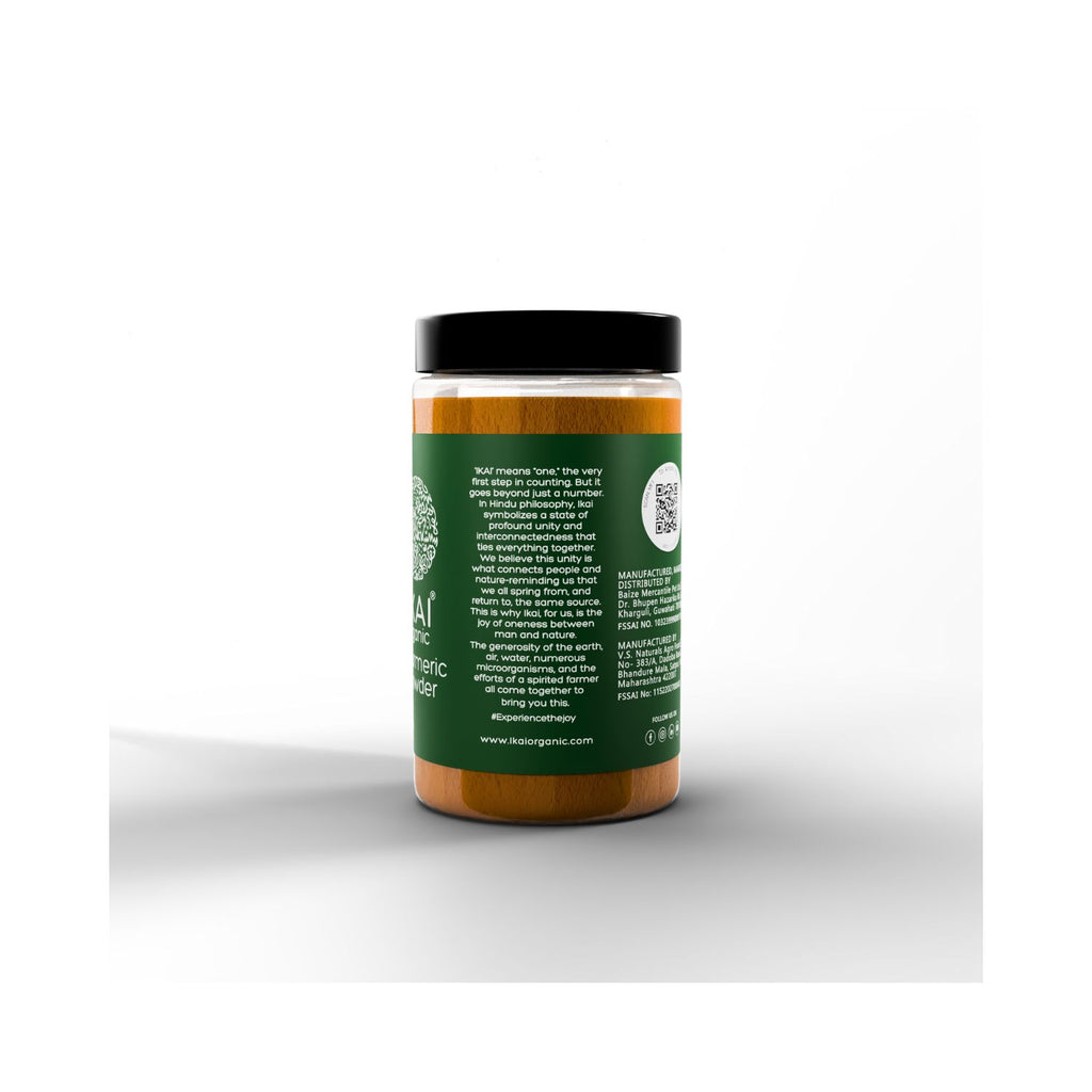 Jar of IKAI Organic Turmeric Powder with a green label on a white background showing what IKAI means