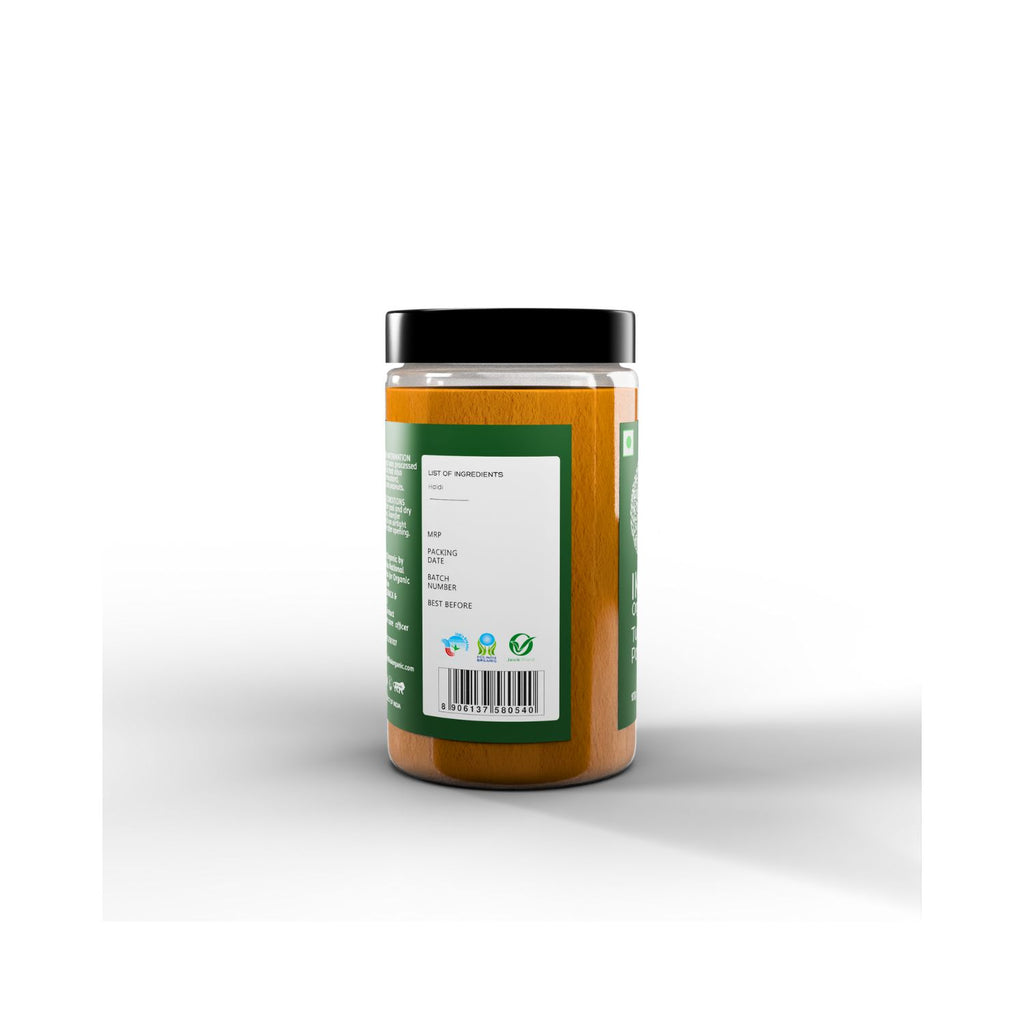 Jar of IKAI Organic Turmeric Powder with a label on a white background showing barcode