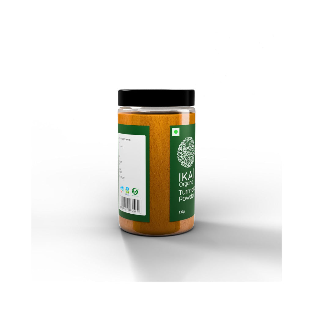 Jar of Ikai Organic Turmeric Powder on a white background showing barcode from a different angle