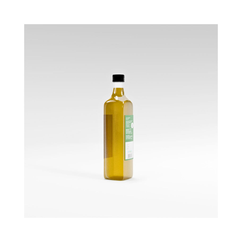 Bottle of olive oil on a white background side of bottle