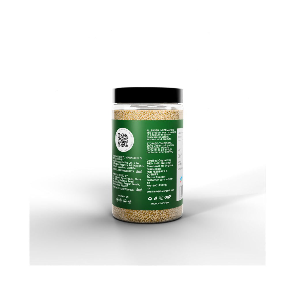 Jar of IKAI Organic White Sesame Seeds  with a green label on a white background with text about allergen info