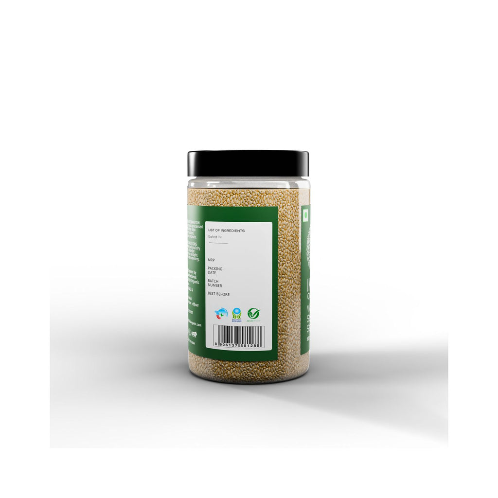 Jar of IKAI Organic White Sesame Seeds  green product with a label on a white background with barcode