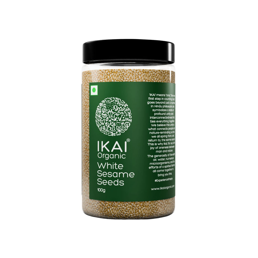 Jar of IKAI Organic White Sesame Seeds on a white background