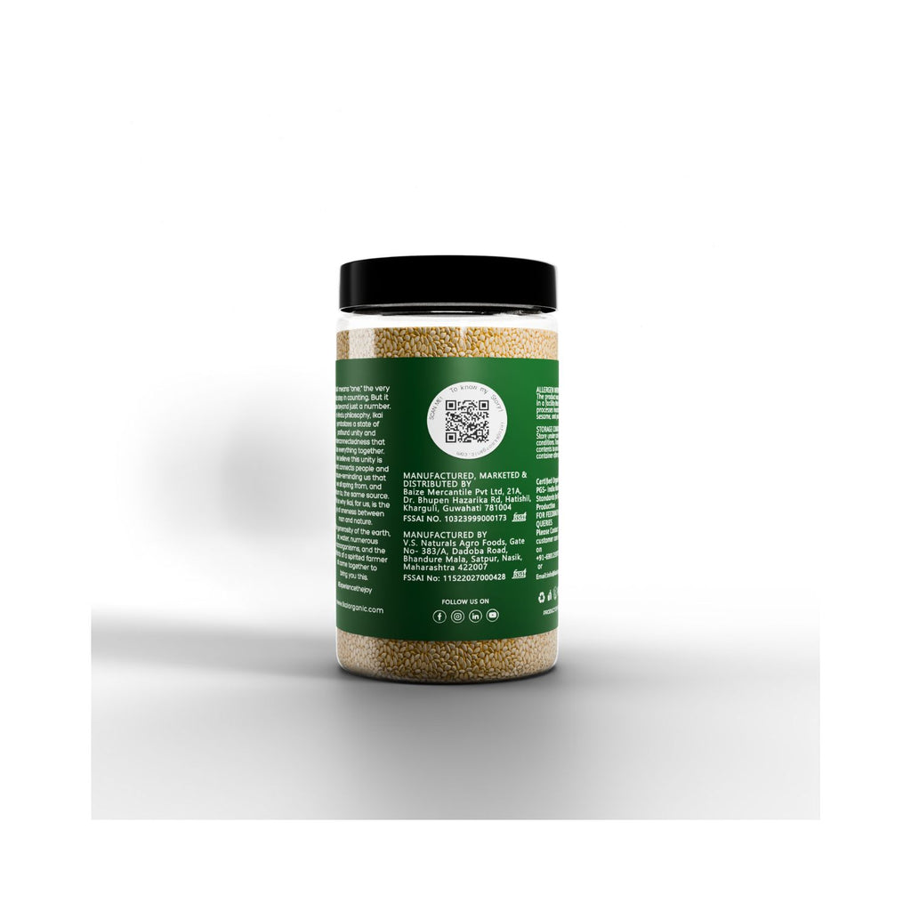 Jar of IKAI Organic White Sesame Seeds with green label on a white background with text of manufacturing info