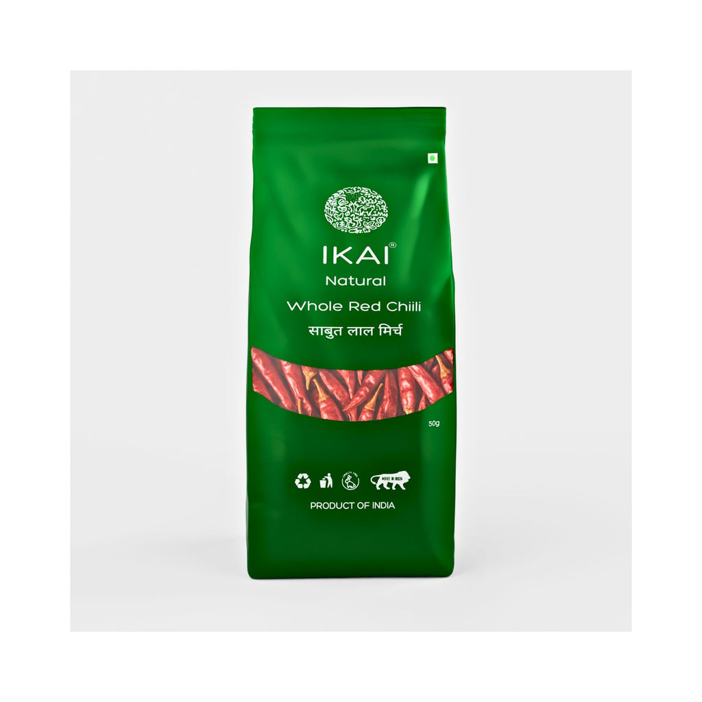 Green package of IKAI Whole Red Chilli on a white background
