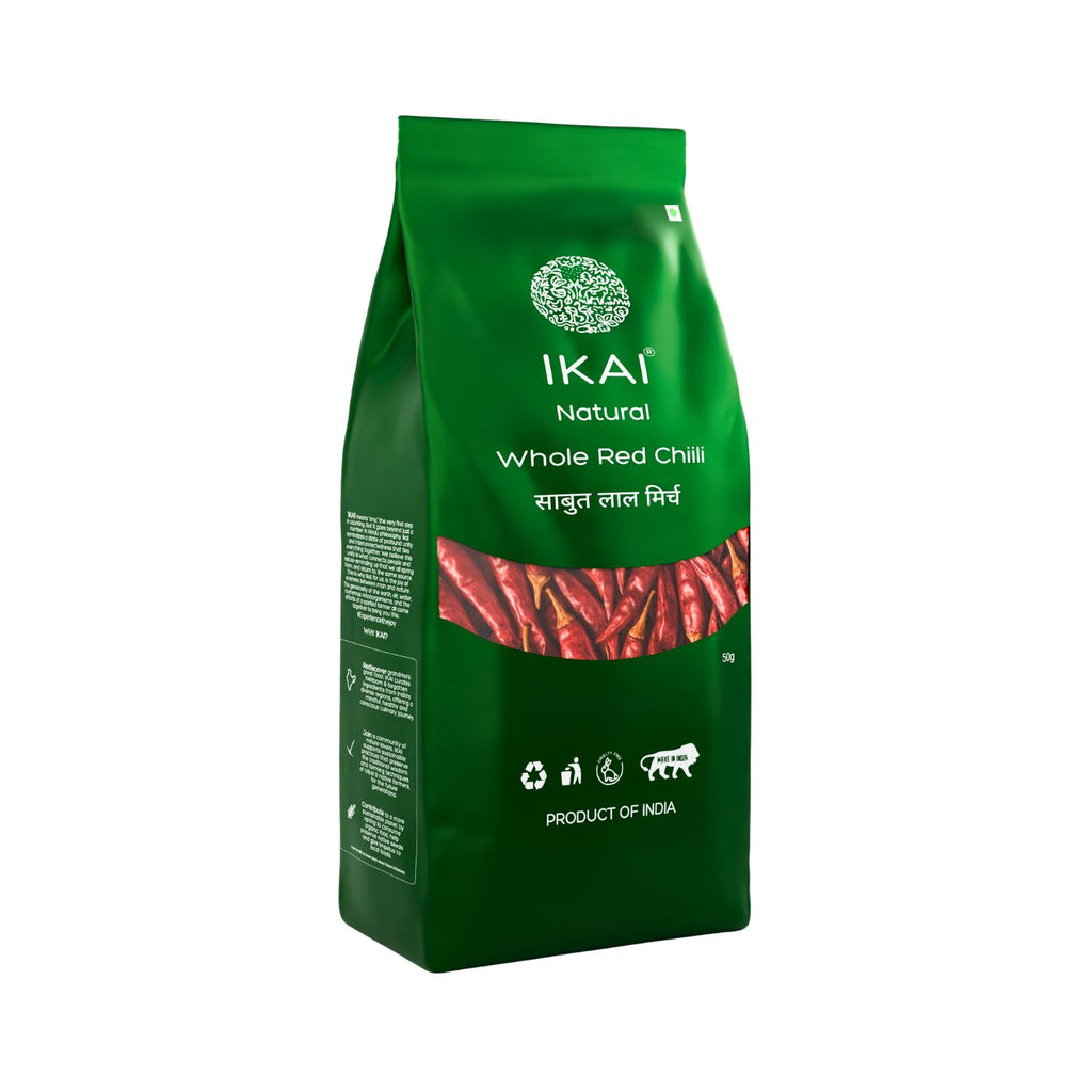 Green package of Ikai Natural Whole Red Chilli on a white background