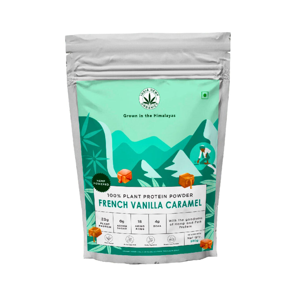 india_hemp_organics_french_vanilla_caramel_protein_powder_500g_pack_front