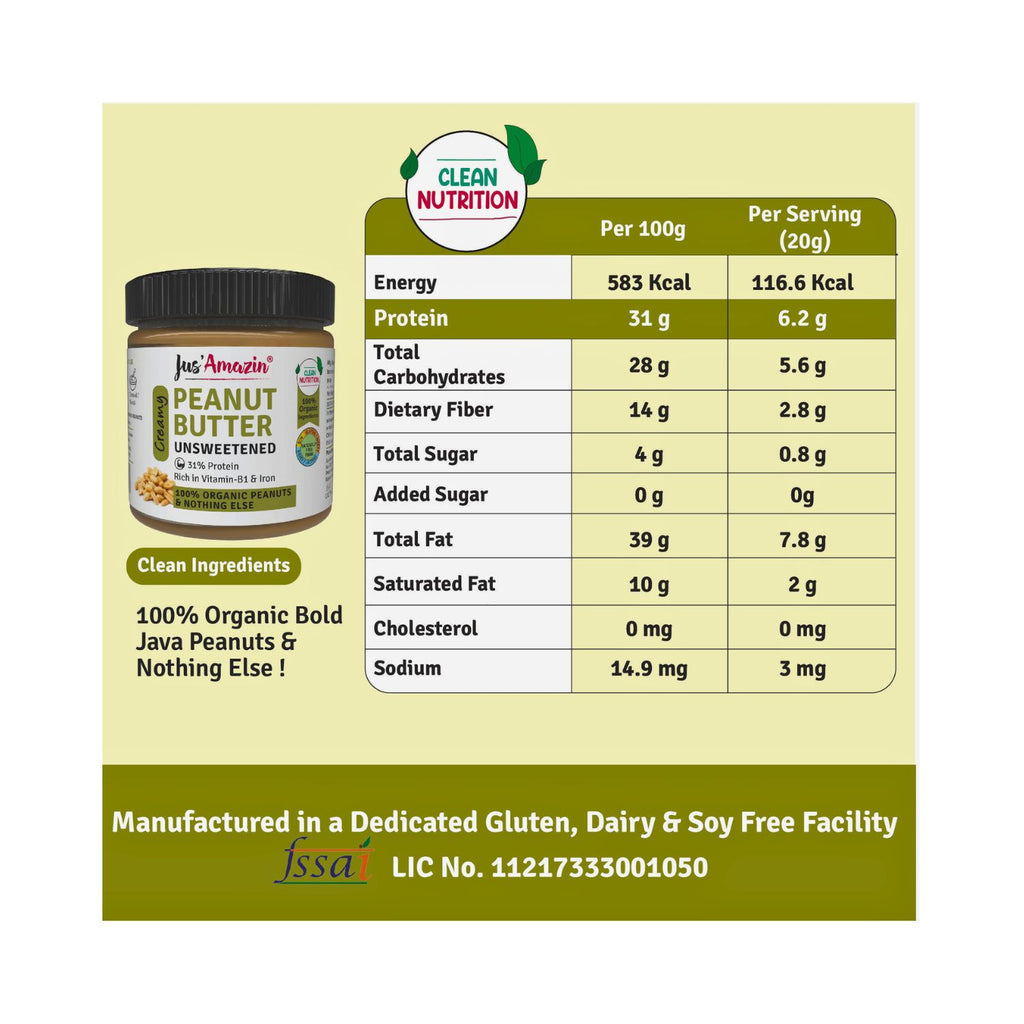 jus_amazin_creamy_organic_peanut_butter_unsweetened_31__protein_vegan_200g_jar_nutrition