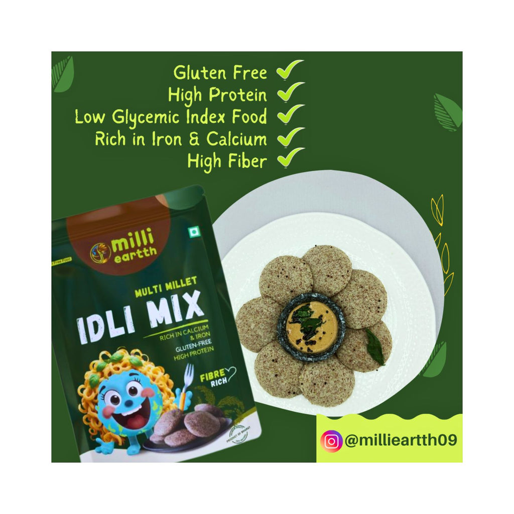 Milliearth Multi-Millet Idli Mix packaging with nutritional information on a green background