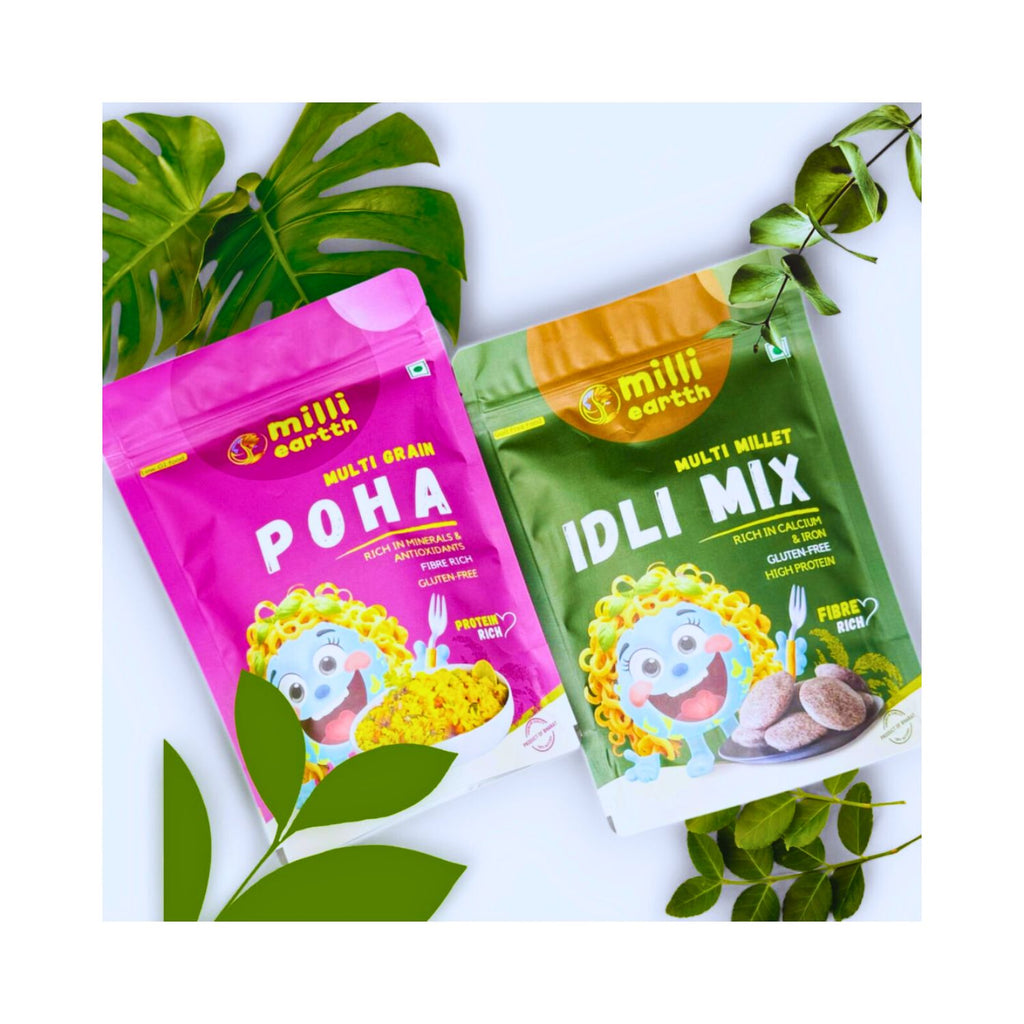 Two packets of Millieartth Poha and Idli Mix with green leaves in the background