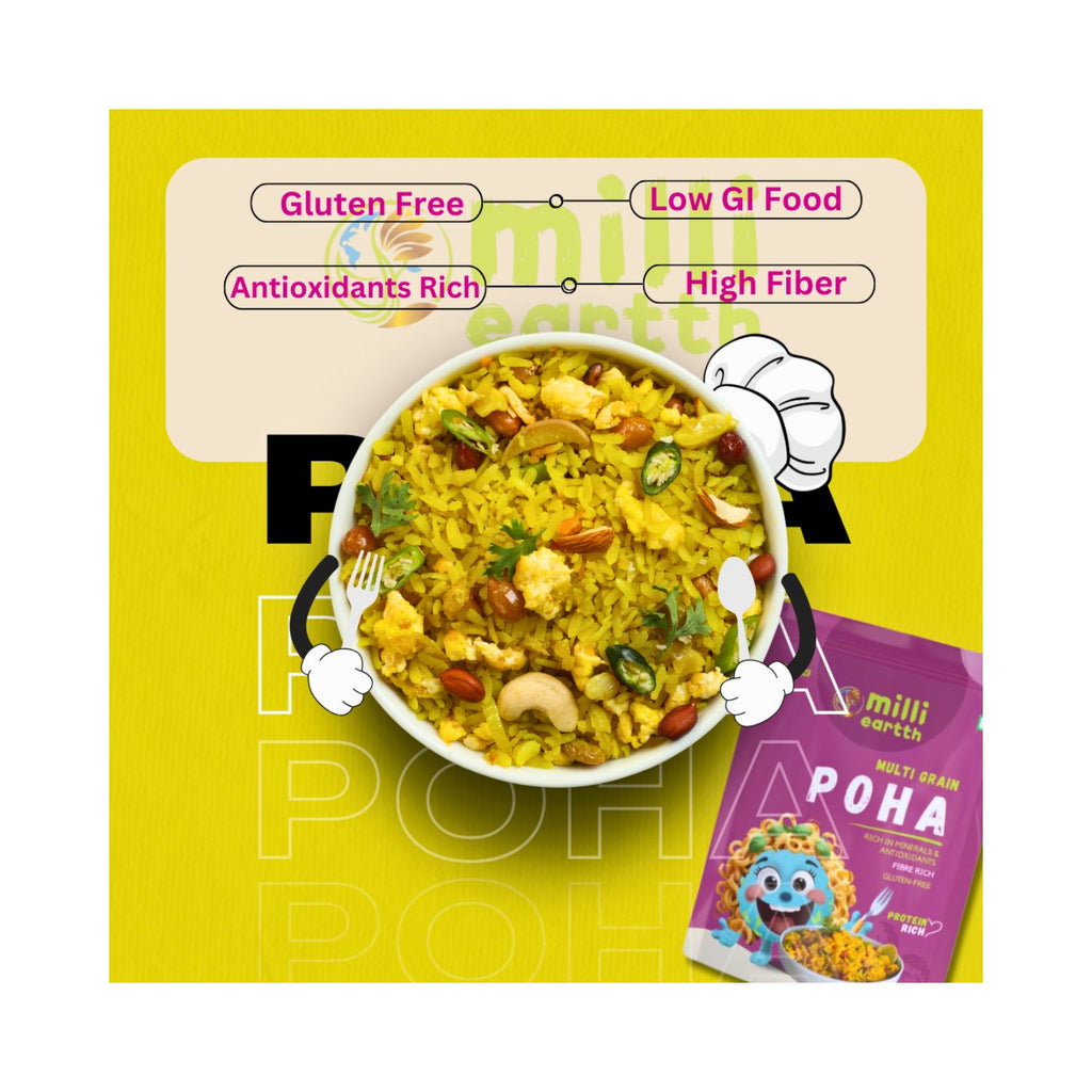 Milliearth Multi-Millet Poha packaging with nutritional benefits on a yellow background