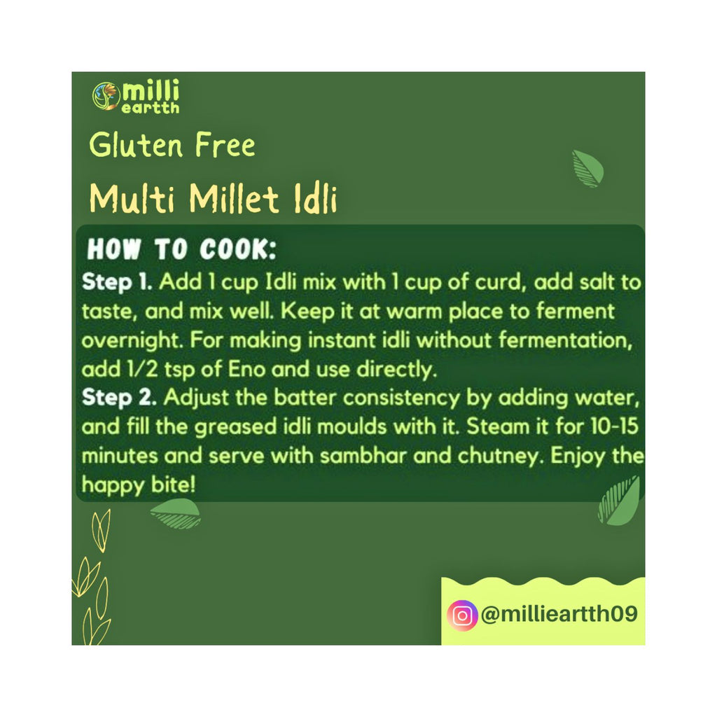 Instructional card for gluten-free multi millet idli with cooking steps on a green background.
