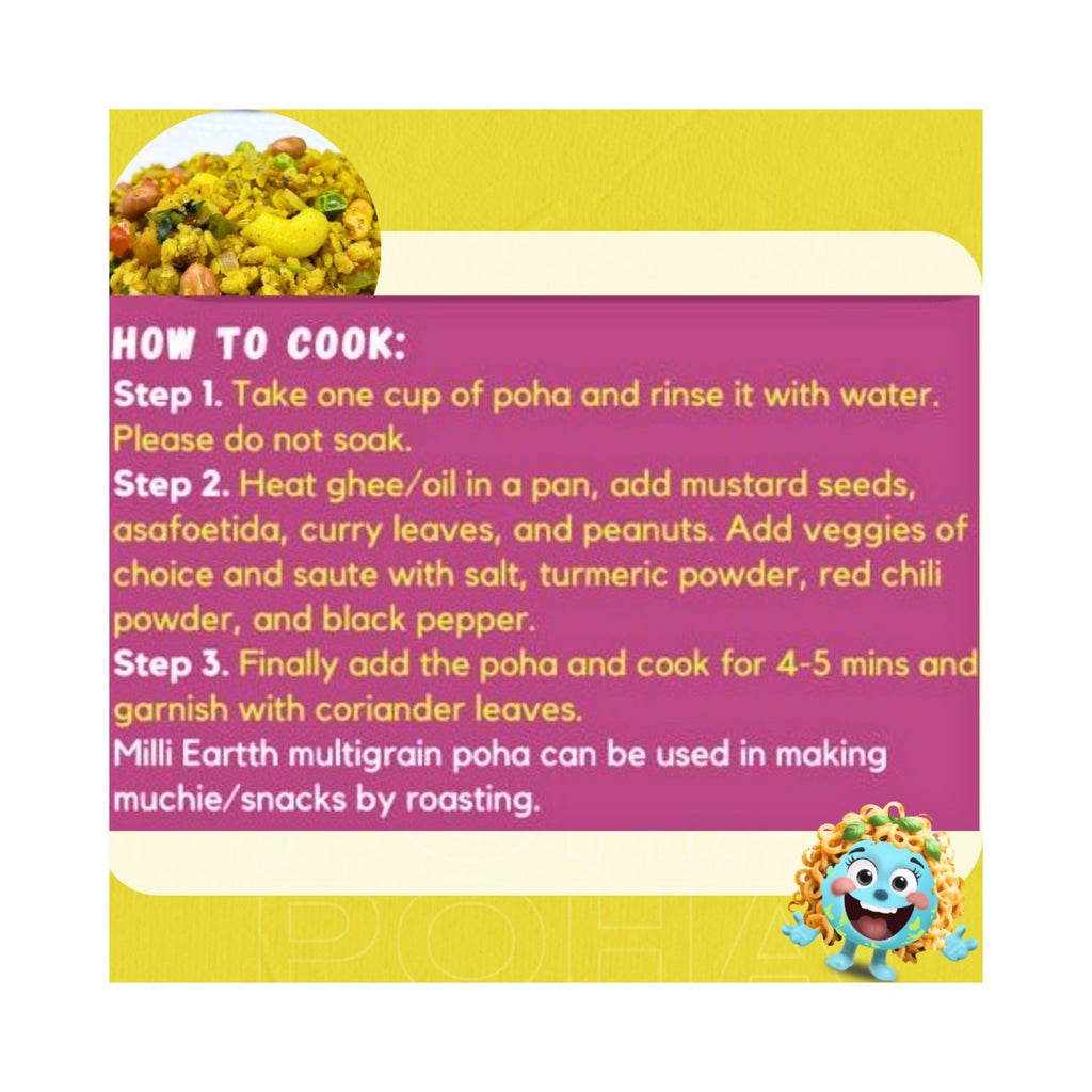 Instructional card on how to cook poha with a colorful background and cartoon character.