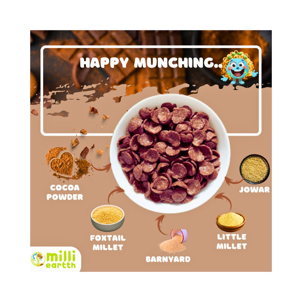 Cereal bowl with ingredients and 'Happy Munching' text on a brown background