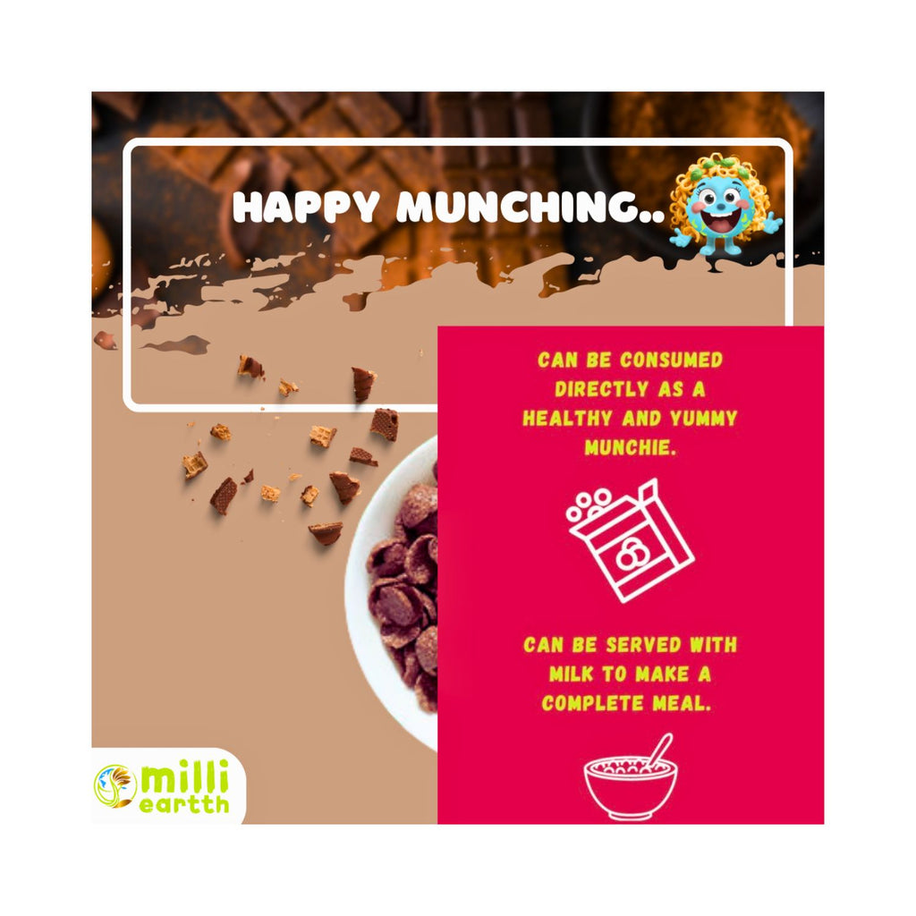 A bowl of millieartth Chocosmill cereal  with text and illustrations on a brown and pink background with how to consume instructions