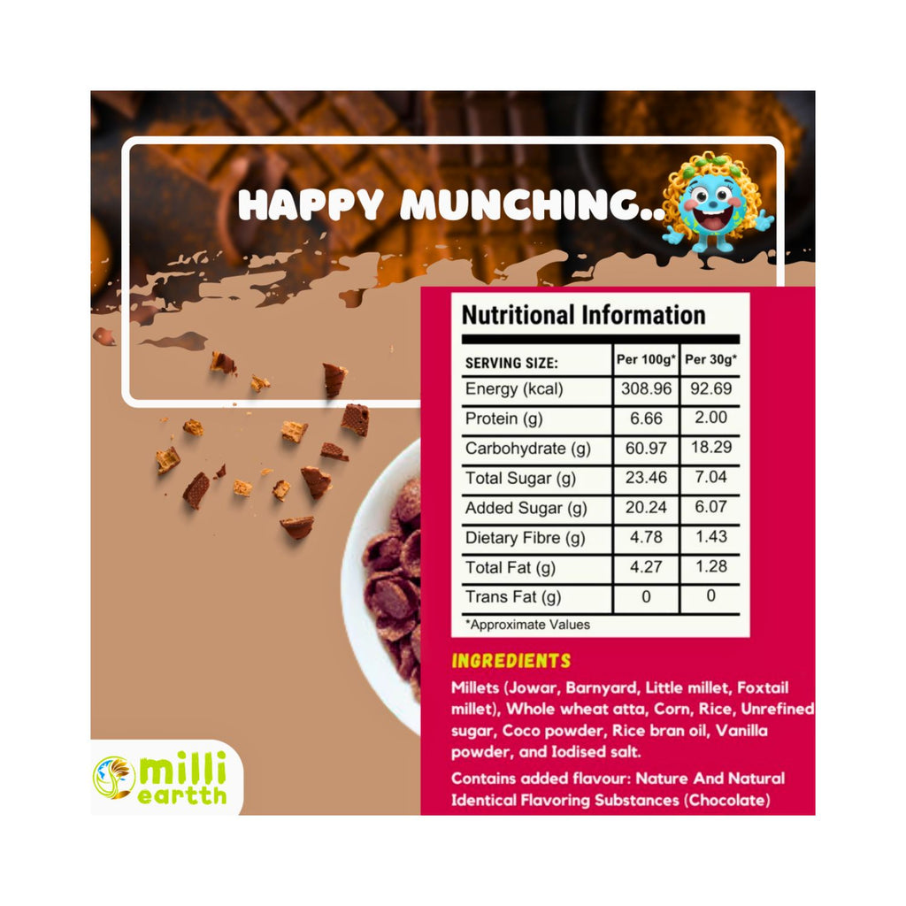 Nutritional information label with ingredients list on a product packaging, featuring 'millieartth' brand.
