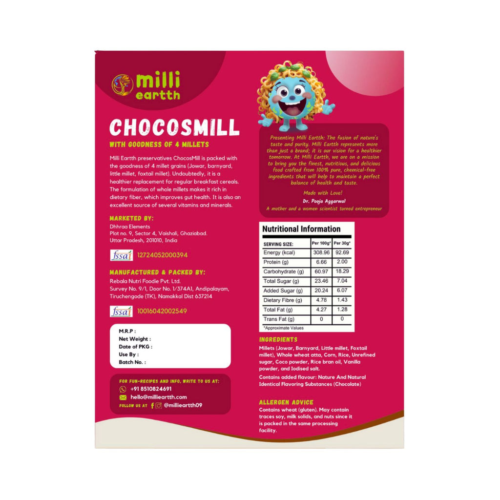 Back of a MilliEartth Chocosmill packaging with colorful design and text.