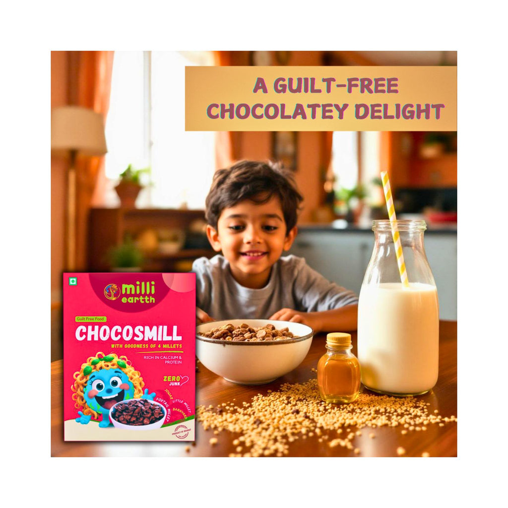 Child with a bowl of Chocosmill cereal, a bottle of milk, and a jar of maple syrup on a table.