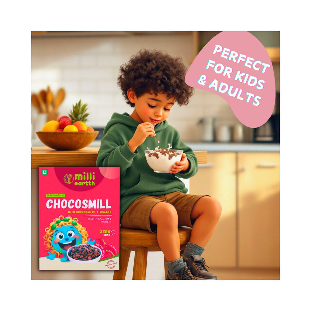 Child eating cereal with a MilliEarth Chocosmill box in a kitchen setting