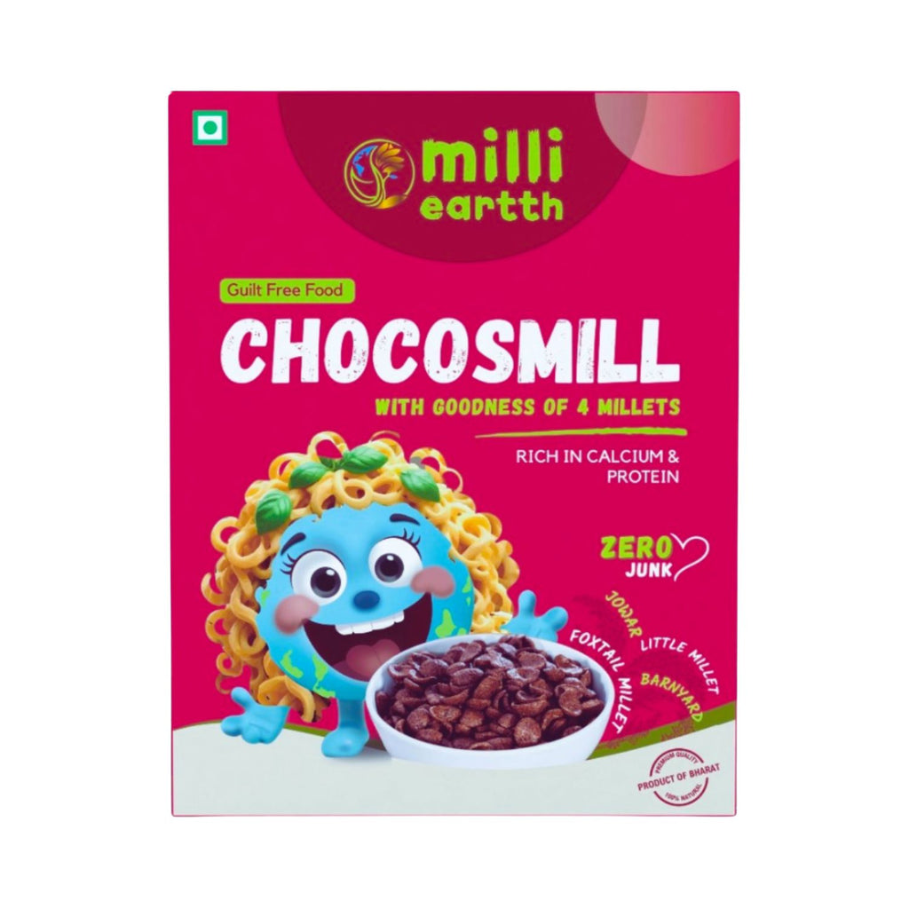 Box of millieartth Chocosmill cereal with a cartoon character on a pink background