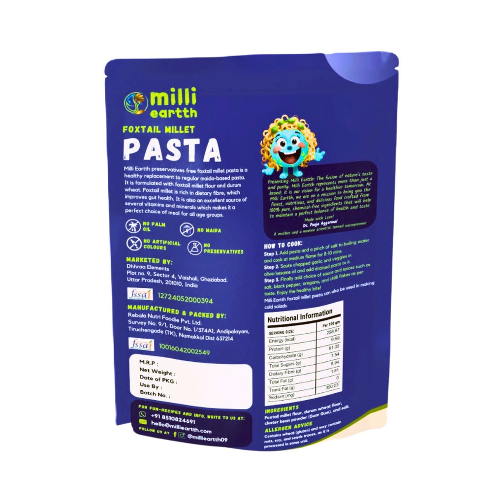 back view of a blue pasta packaging with 'millieartth' branding on a white background