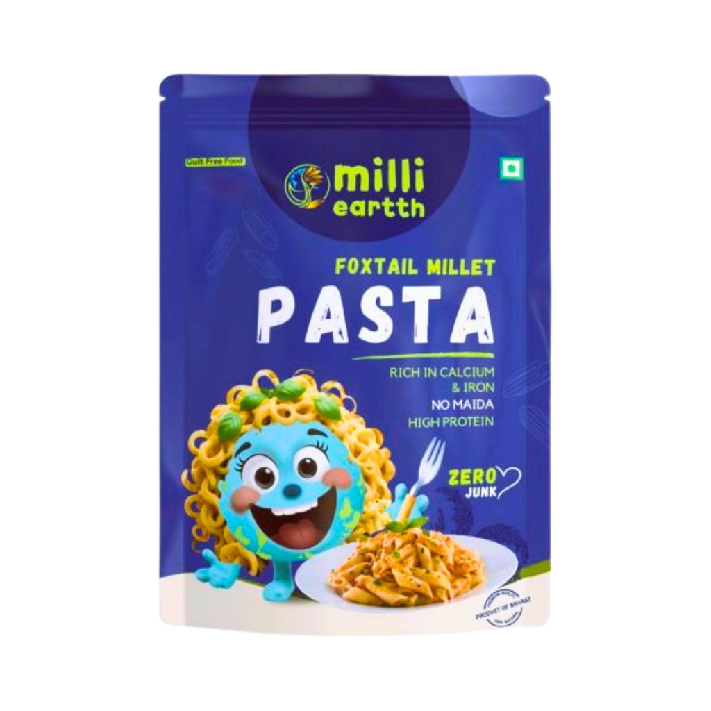 packaging of millieartth foxtail millet pasta with a cartoon character on a white background