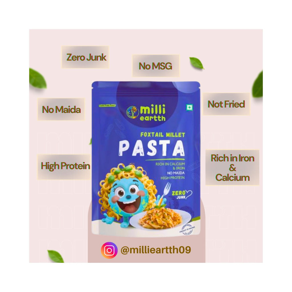 millieartth foxtail millet pasta packaging with cartoon character on a light beige background with benefits highlighted