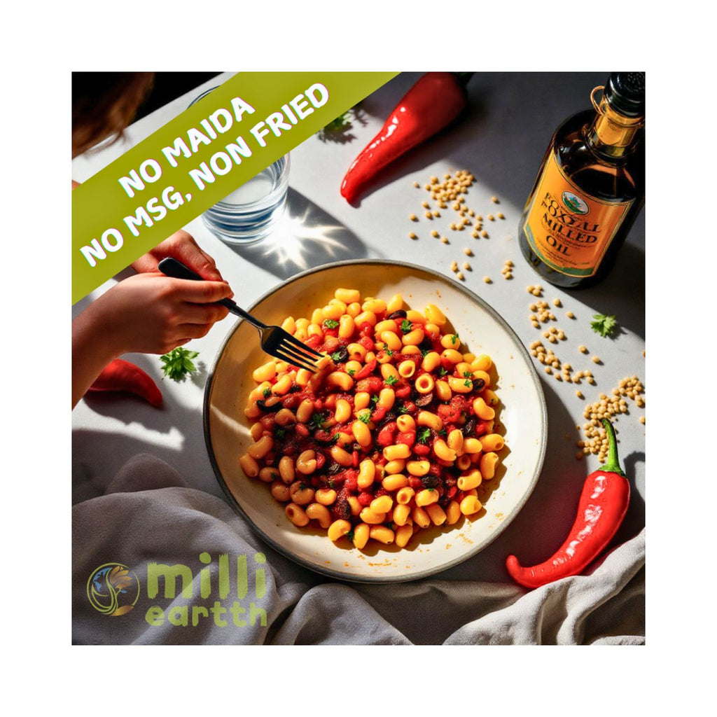 Plate of pasta with a fork, surrounded by ingredients and a bottle of oil, with 'millieartth' branding.
