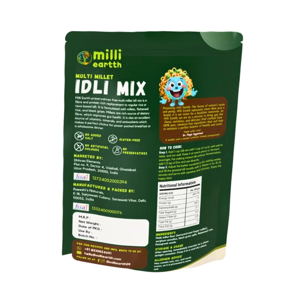 green package of millieartth multi-millet idli mix with branding and nutritional information.