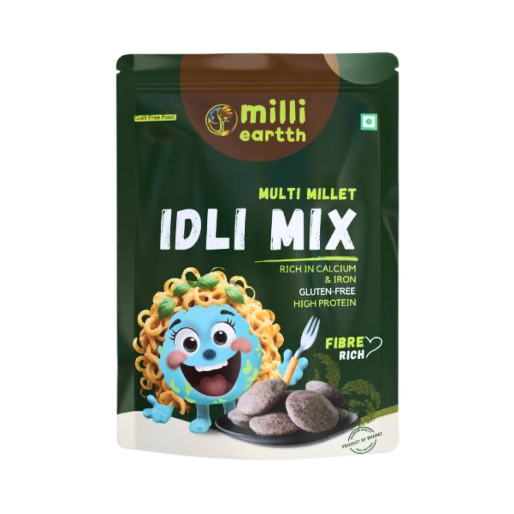 green packaging of millieartth multi-millet idli mix with a cartoon character on a white background