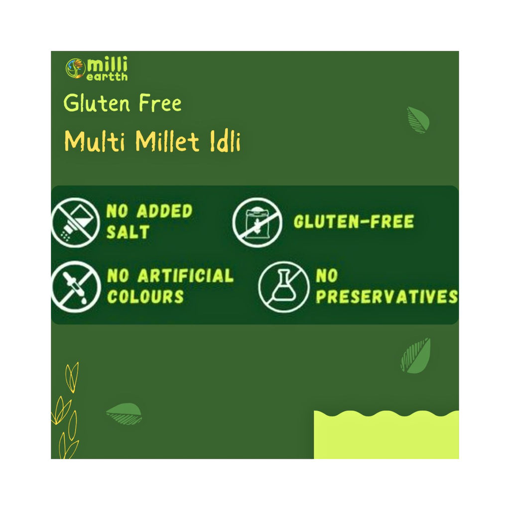 green label of gluten-free multi-millet idli with text and icons on a white background