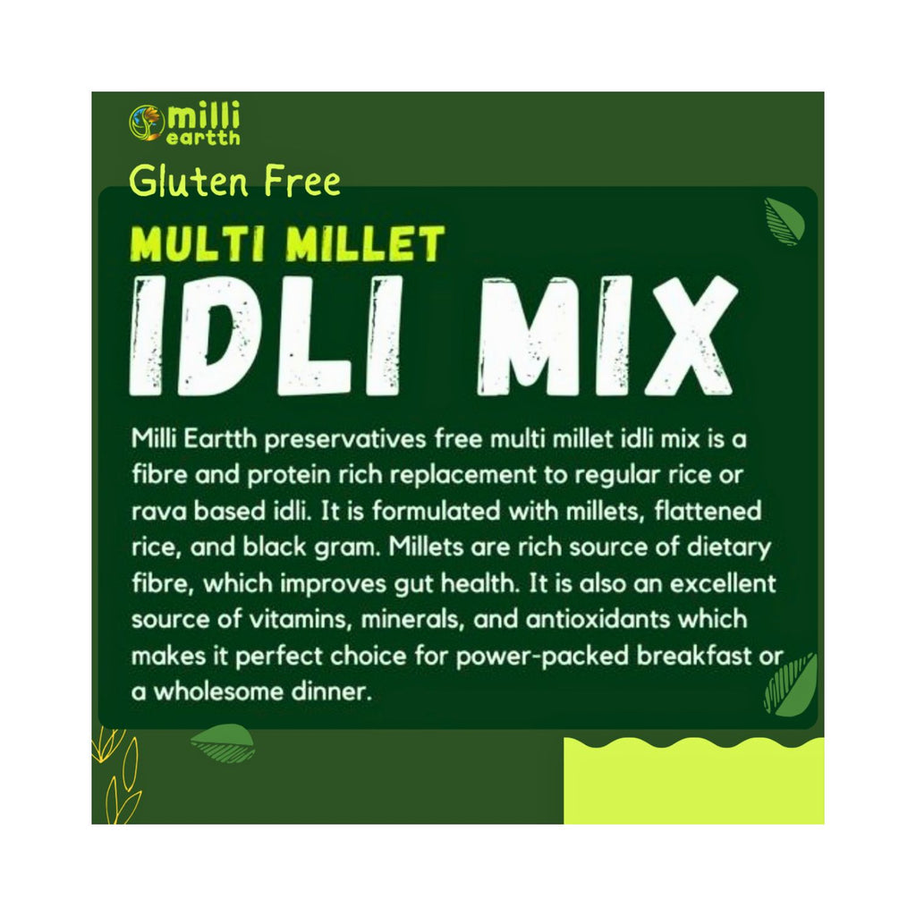 green label for millieartth multi-millet idli mix with text and branding.