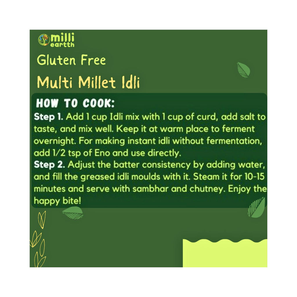 instructional card for gluten-free multi-millet idli with cooking steps on a green background.