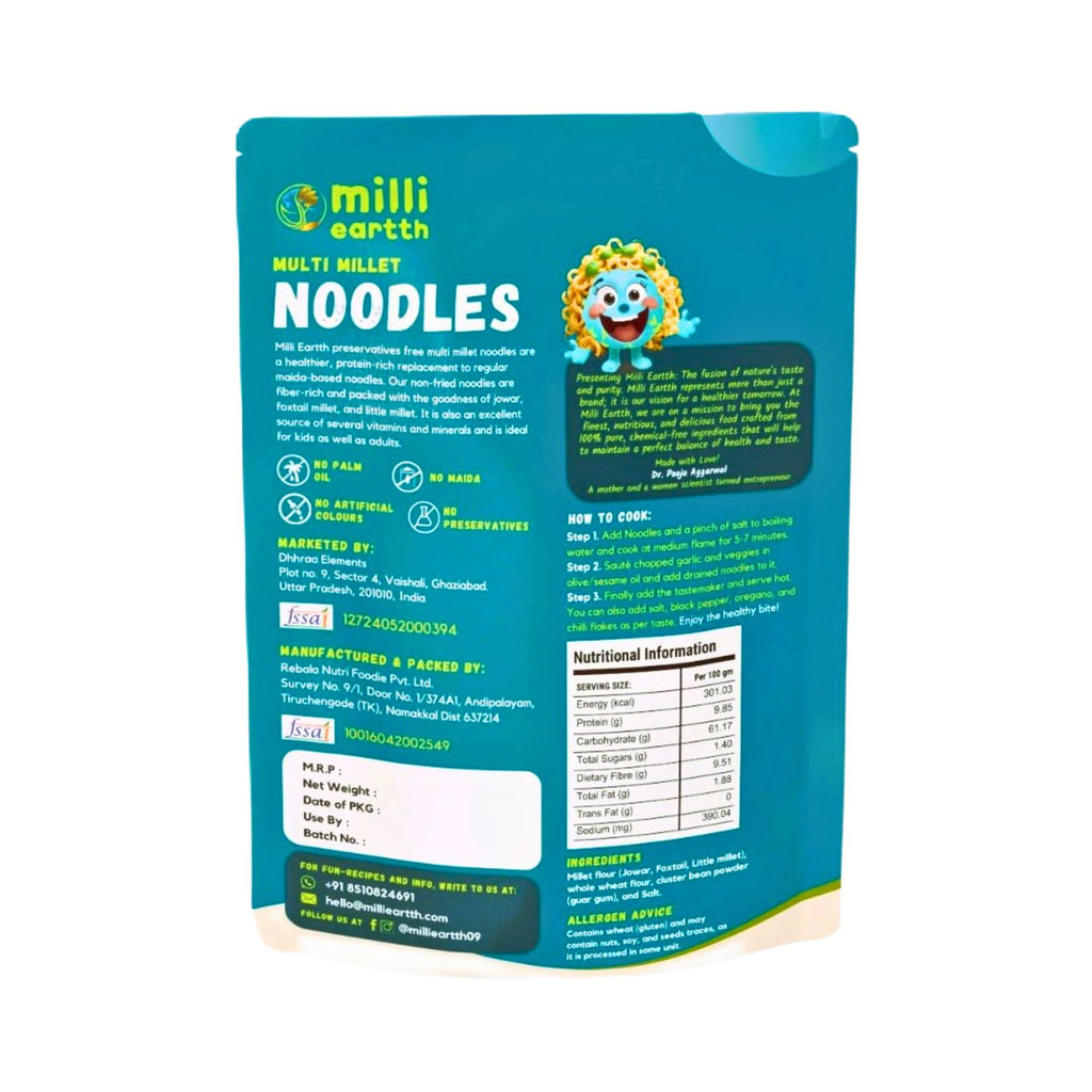 Back view of package of millieartth Multi Millet Noodles with text and branding.