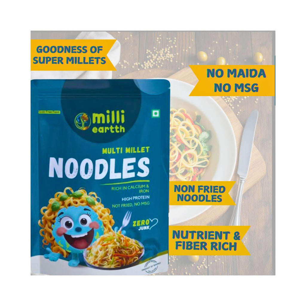 millieartth multi-millet noodles packaging with text highlighting benefits