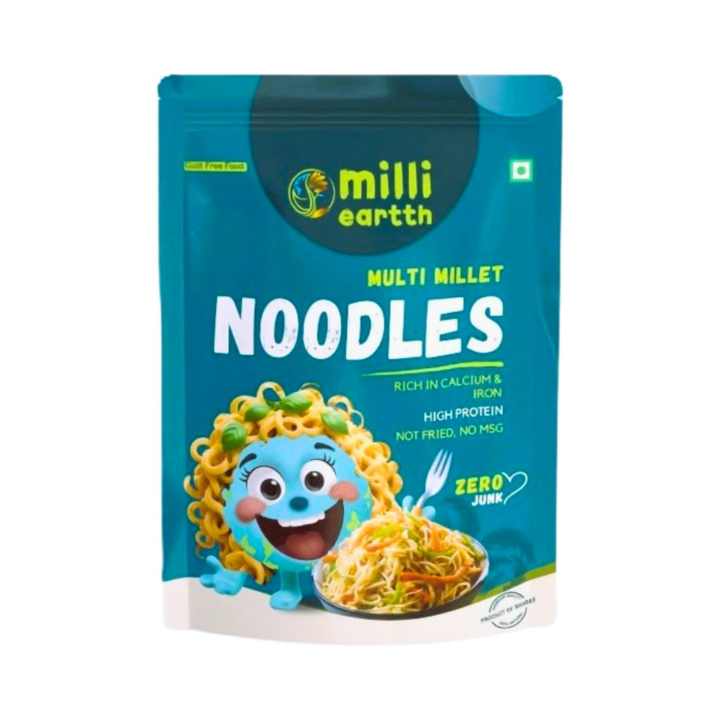 Packaging of millieartth multi millet noodles with a cartoon character on a white background