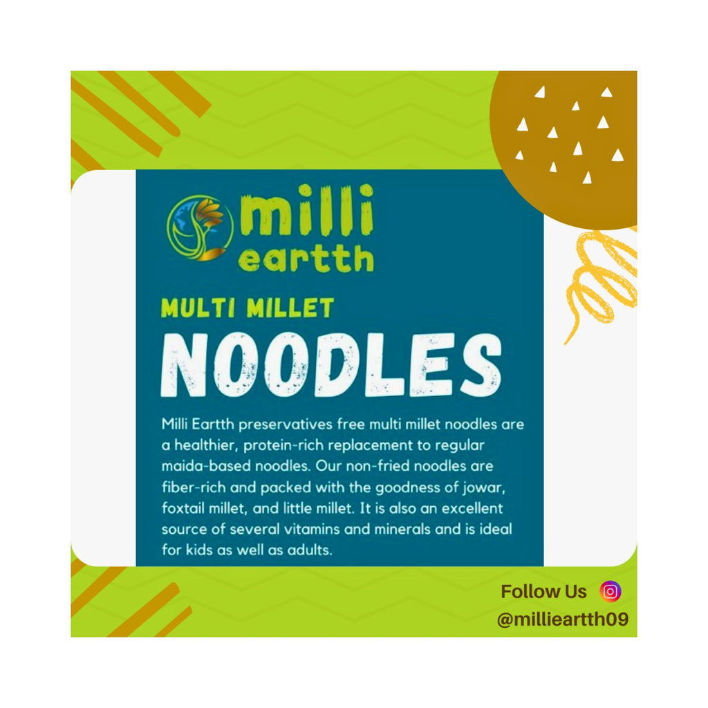 millieartth multi-millet noodles packaging with green and brown design explaining benefits